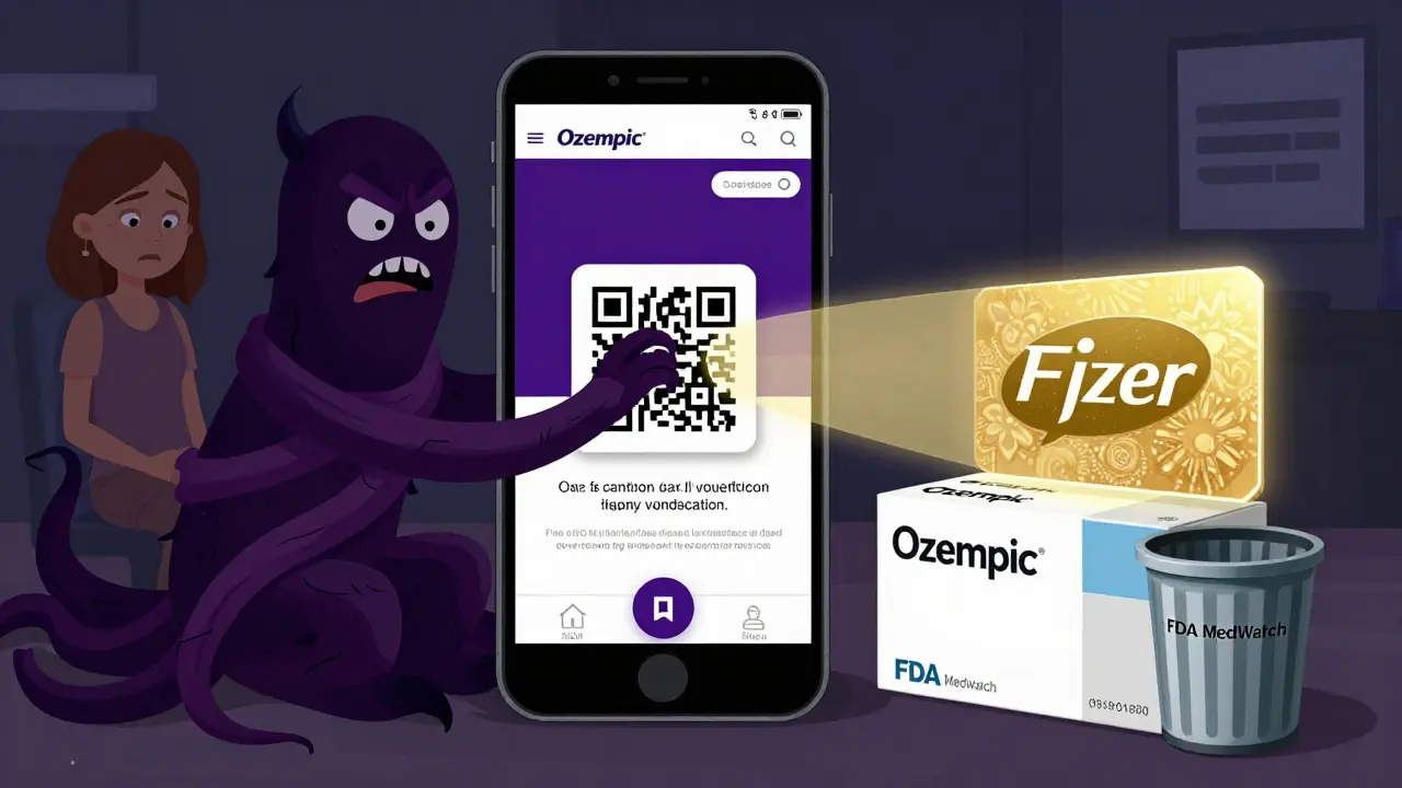 A phone scans a fake drug QR code that spawns a demonic phishing site while the real product destroys it.