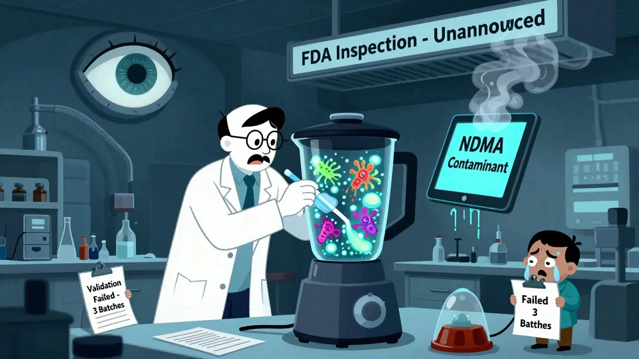 A scientist swabs a giant blender covered in glowing bacteria, while a contaminated pill emits smoke.