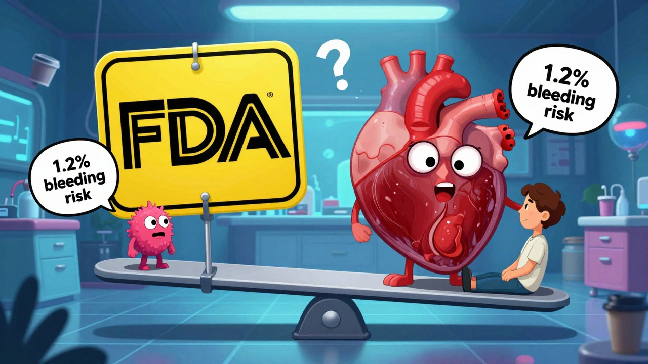 A seesaw balances a tiny disease monster against a large heart, with risk numbers floating in a neon medical lab.