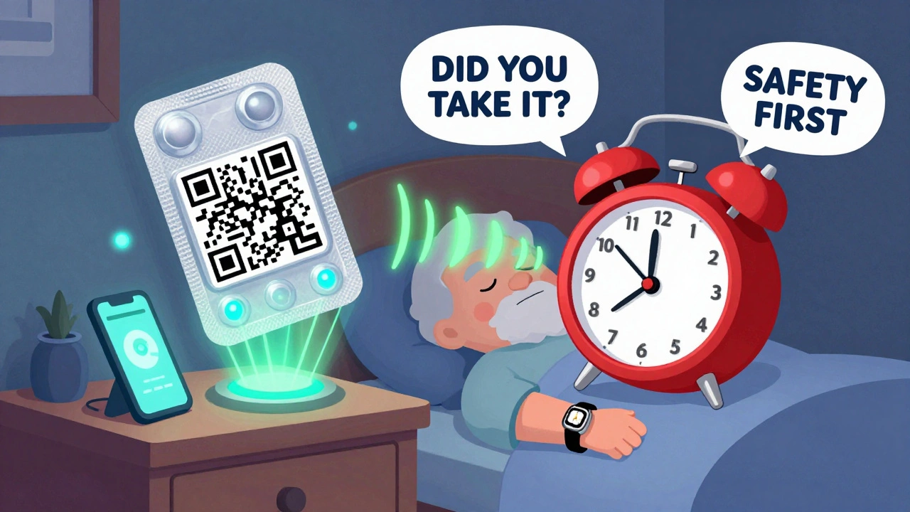 A smart blister pack with sensors sending alerts to a phone and caregiver's wristband beside a sleeping senior.