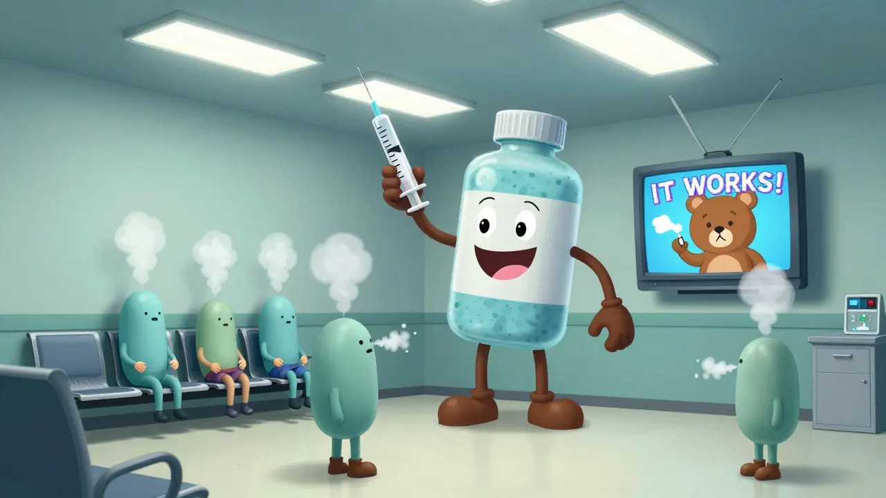 A surreal ER scene with balloon-like children and a menacing medicine bottle looming over them.