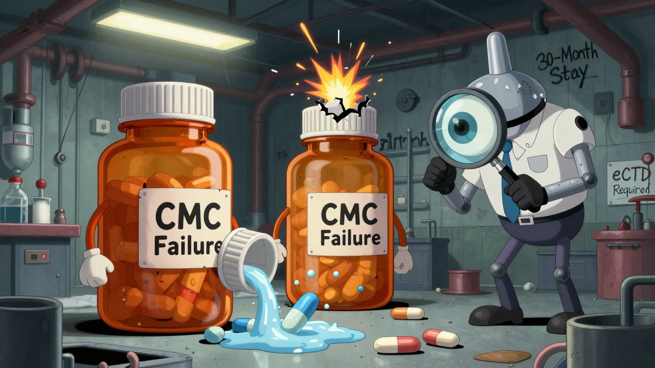 An anthropomorphic pill factory with a robotic FDA inspector inspecting a leaking bottle marked 'CMC Failure'.