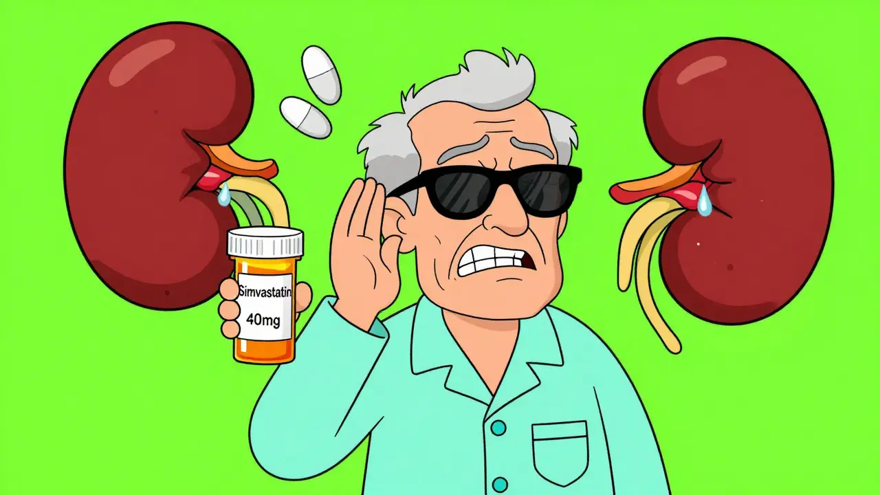 An elderly man being tricked by a sneaky antifungal pill, with muscle fibers and a crying kidney around him.