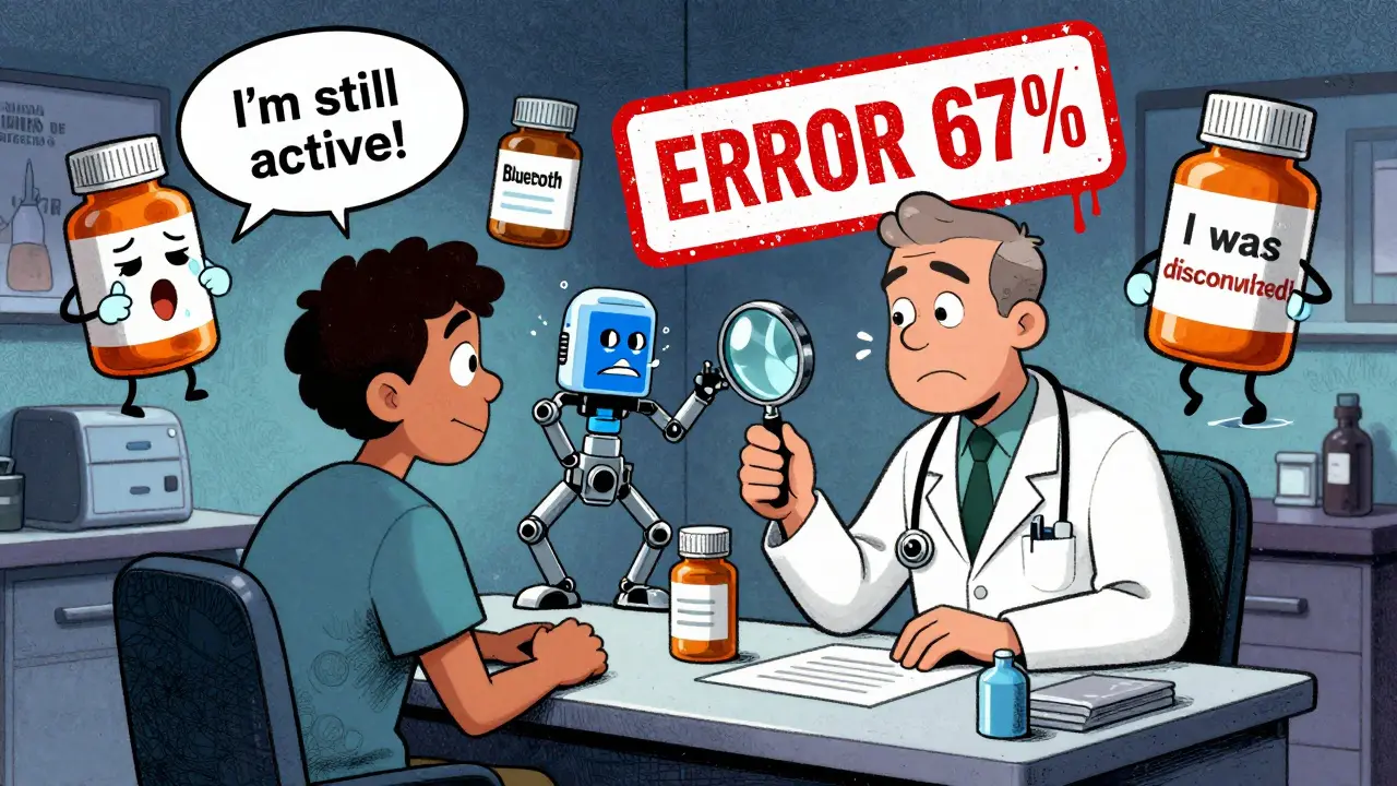 Anthropomorphic pill bottles arguing while a doctor examines them