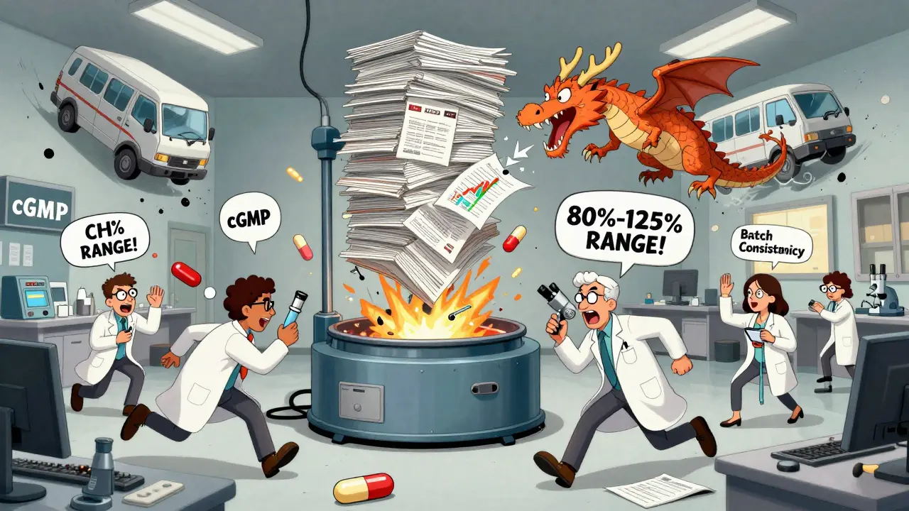 Chaos in an FDA lab with running tablets, a talking microscope, and a dragon made of application pages.