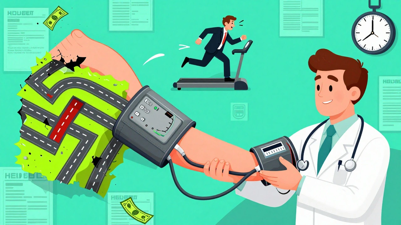 Doctor using a giant blood pressure cuff to measure arm and ankle, with cartoon arteries shown as crumbling highways.