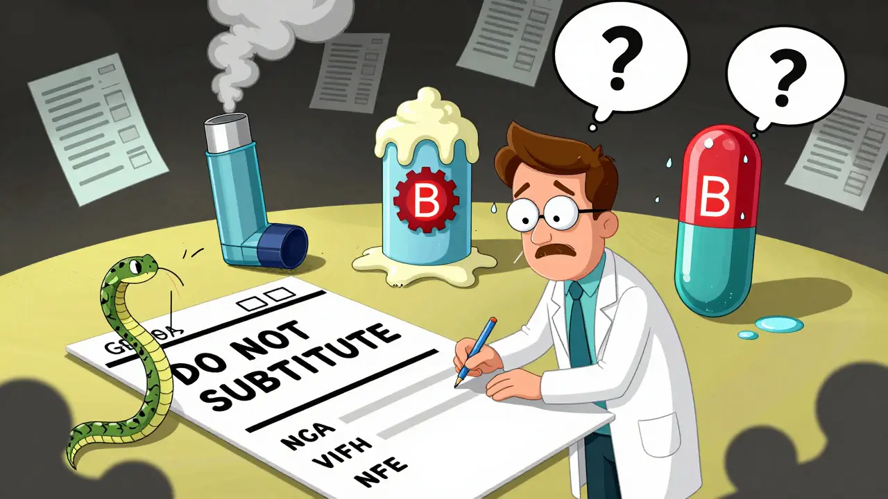 Doctor writing 'DO NOT SUBSTITUTE' as complex drugs with B codes panic nearby
