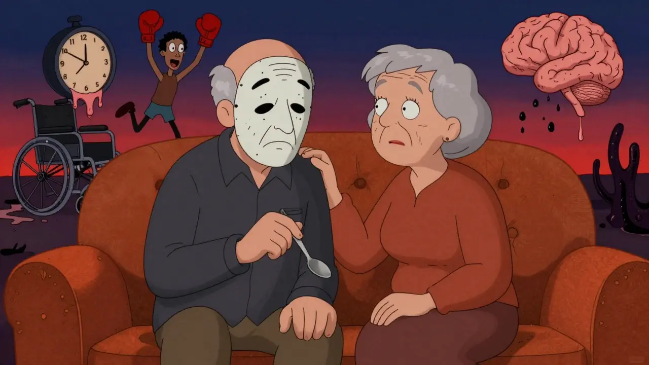 Elderly couple on couch, man with masked face and trembling hand, surreal brain and clock in background.
