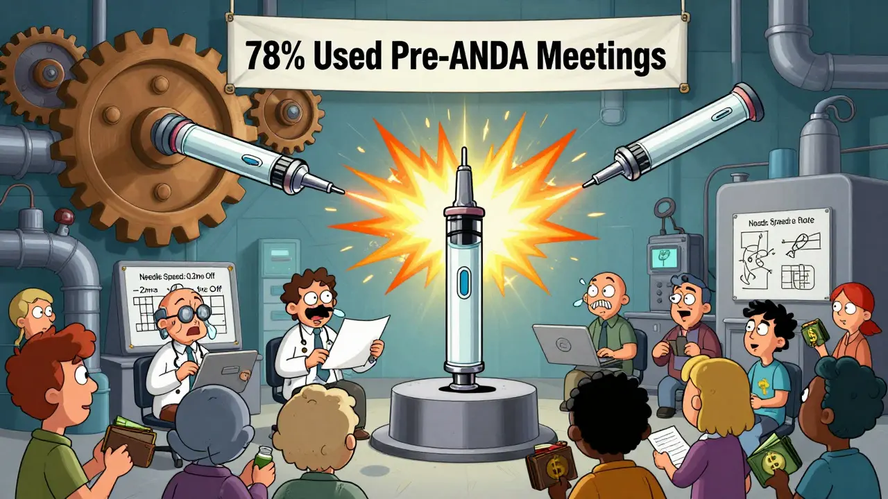 Failed EpiPen injectors exploding in a factory while one successful one stands on a pedestal.