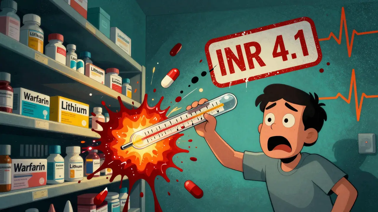 Generic pills exploding from a shelf as a patient's body becomes a fluctuating thermometer.