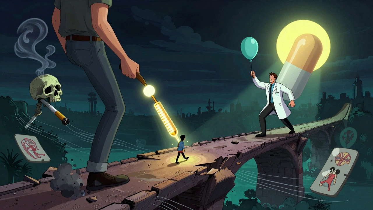 Man&#039;s leg as a crumbling bridge, stent being inserted like a magic wand, cigarette turning into a skull.