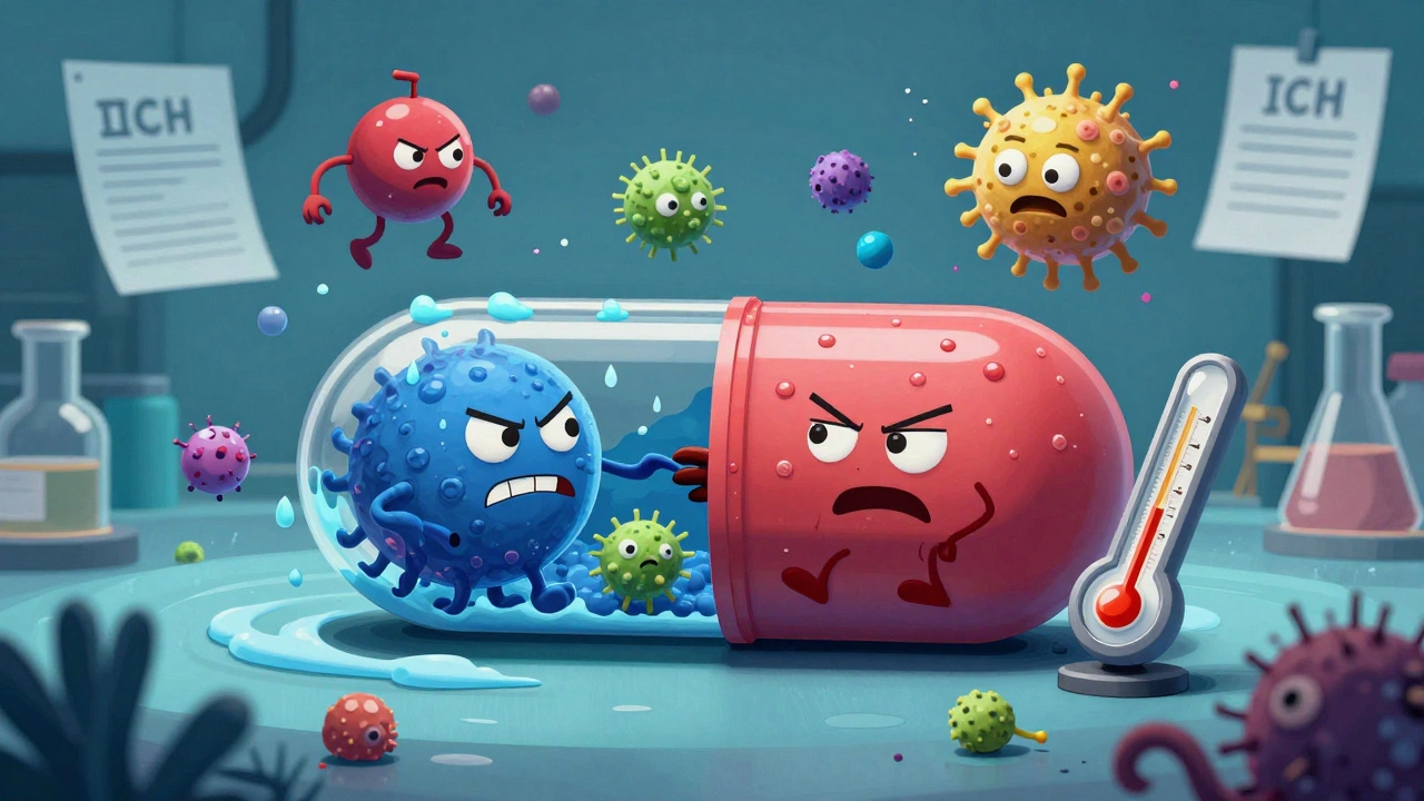 Microscopic drug molecules fighting moisture monsters inside a capsule with surreal lab elements.