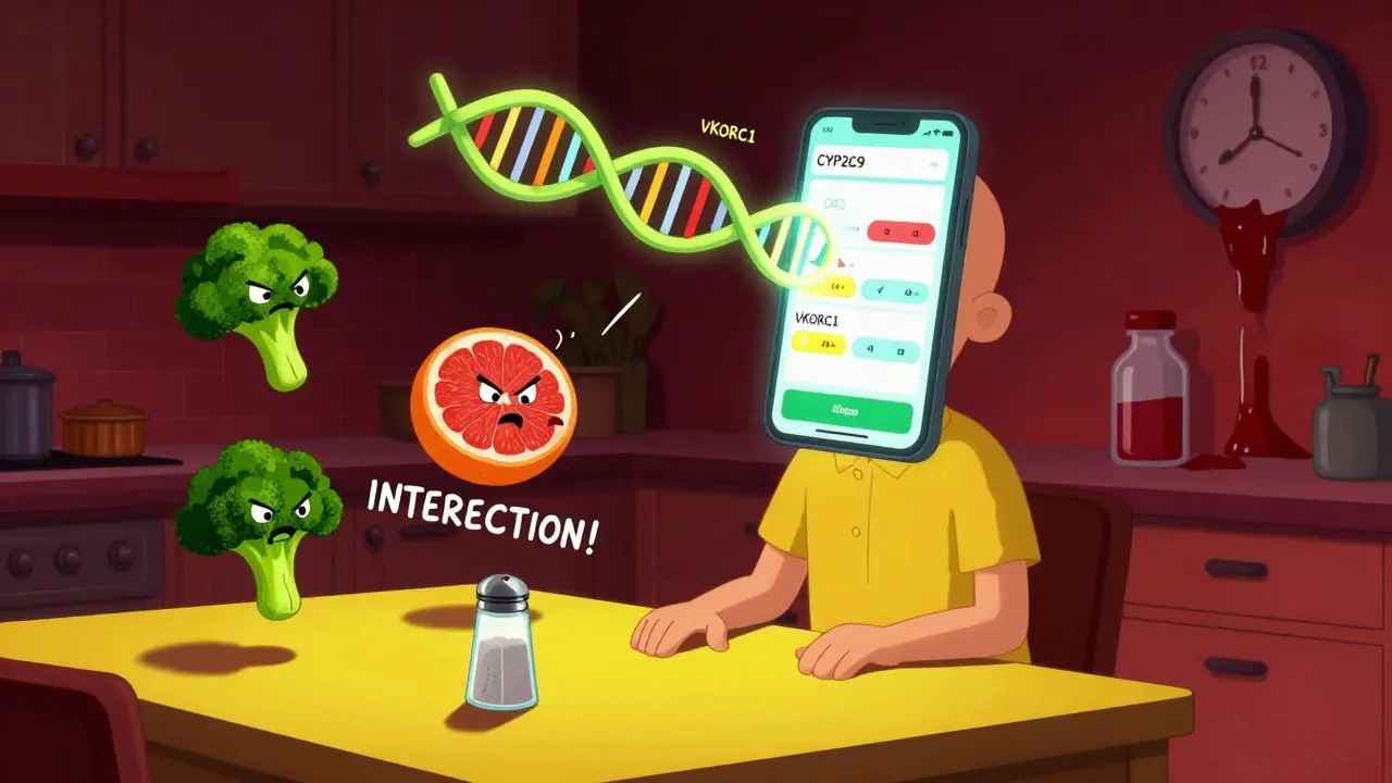 Patient at table with food items yelling warnings, DNA hologram above head, phone showing blood levels.