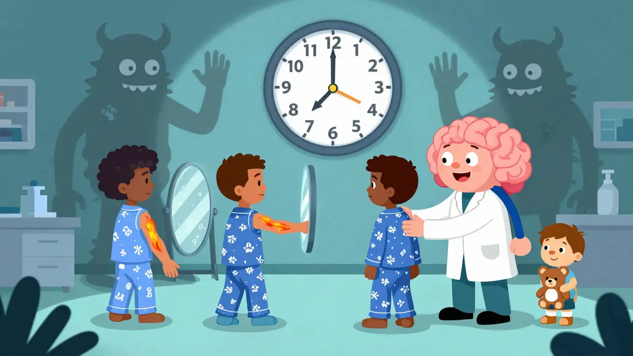 Patients doing mirror therapy in a surreal clinic, one using a floating mirror, brain-shaped therapist guiding them.