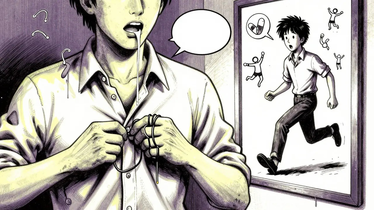 Person struggling to button a shirt with twisted fingers, whispering voice, and floating medical icons around them.