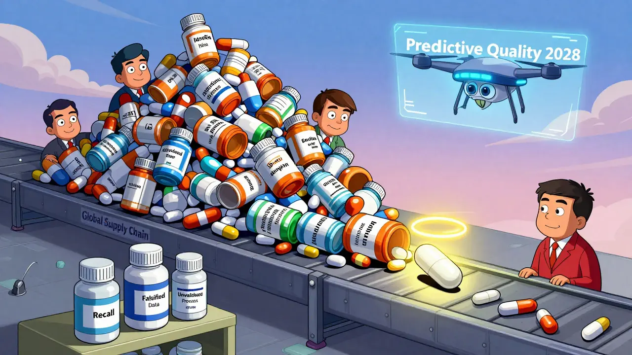 Pill bottles tumble down a supply chain conveyor, with one perfect pill glowing amid failed products.