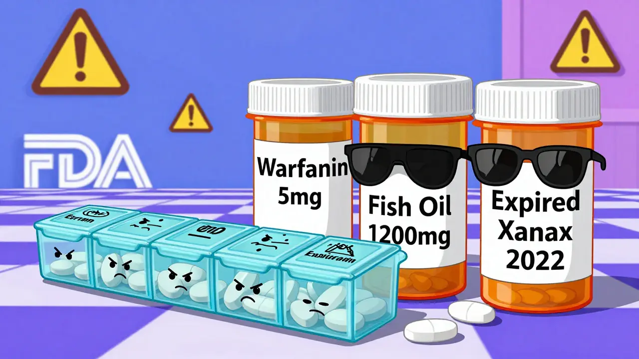 Pill organizer next to labeled prescription bottles with exaggerated details