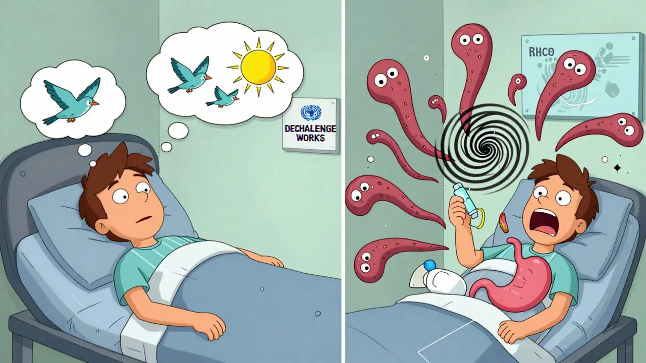 Split scene: peaceful recovery vs. chaotic symptom explosion after restarting a drug.