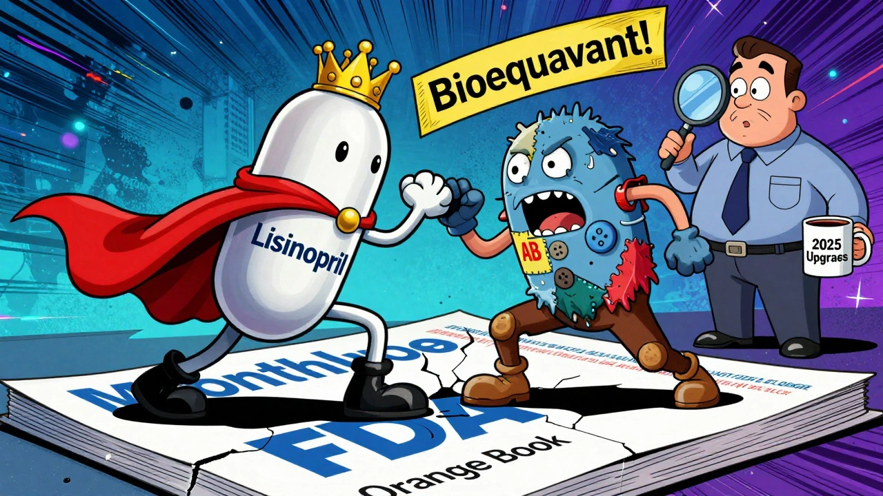 Two pill characters wrestling on the FDA Orange Book cover, one branded and one generic, with an inspector watching.