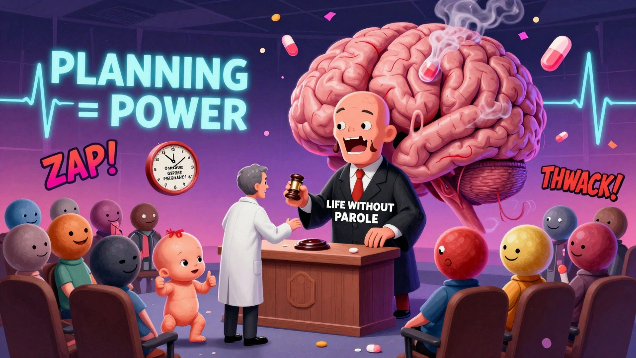 Valproate on trial in a brain courtroom, sentenced by safe seizure meds and folic acid, in exaggerated Adult Swim cartoon style.