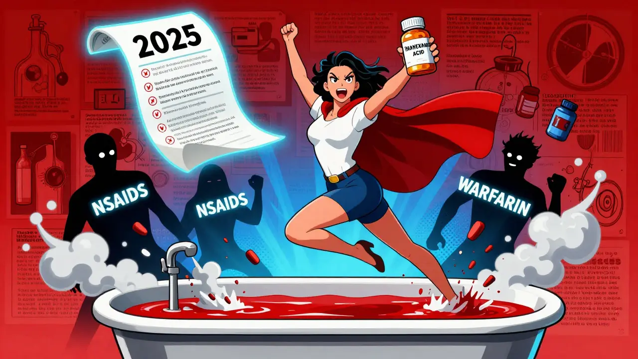 Woman leaping from bathtub with tranexamic acid pill bottle as cape, crumbling medical symbols behind her.