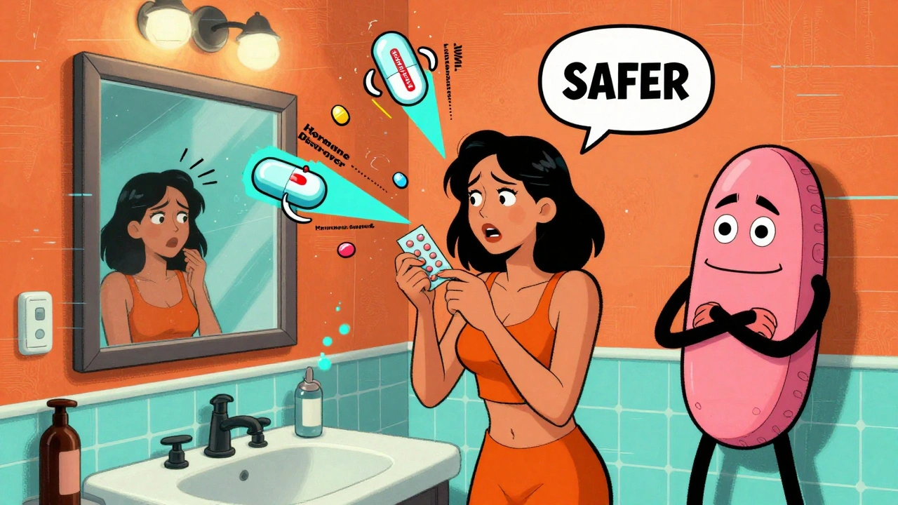 Woman with birth control pills being sabotaged by seizure meds, while an IUD stands guard, in surreal Adult Swim animation style.