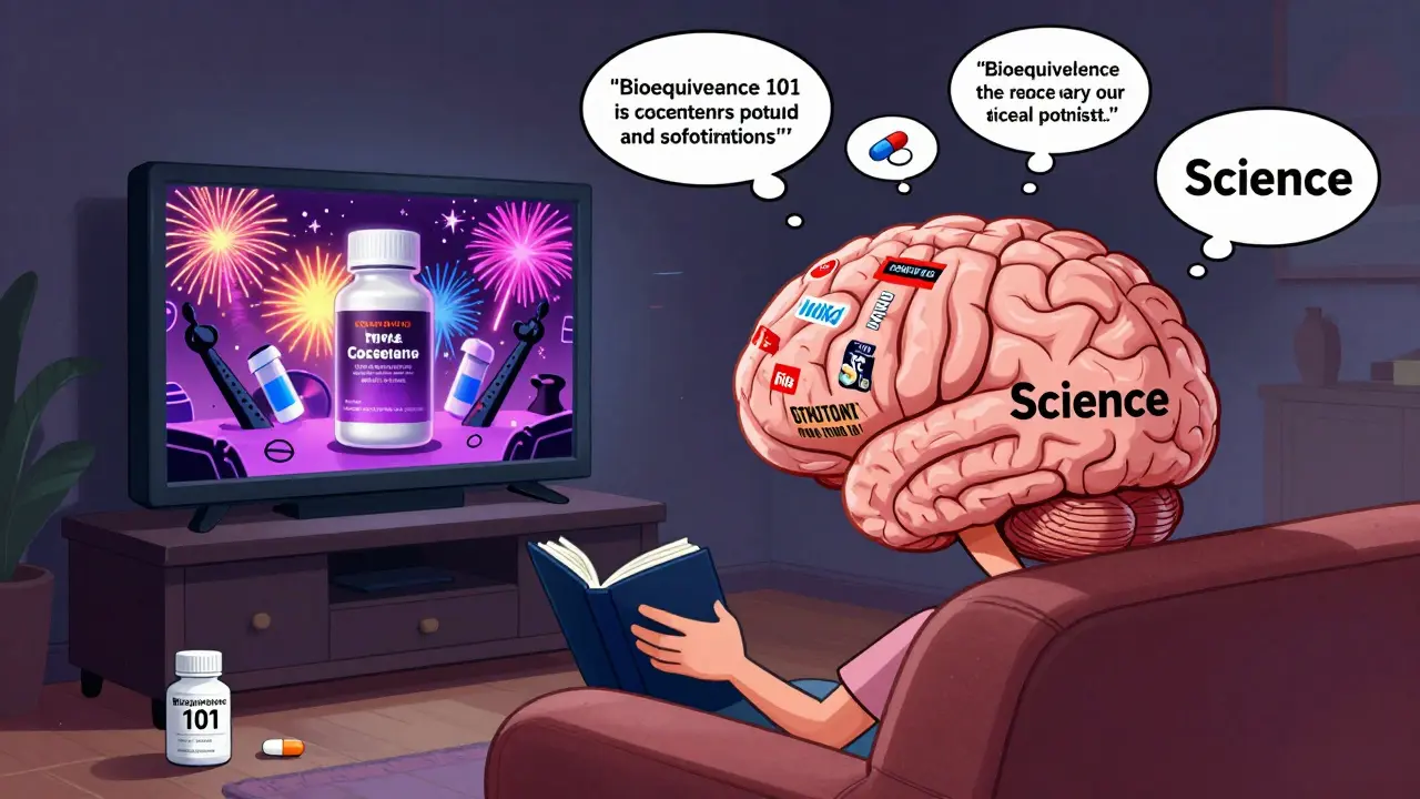 A brain watches a brand-name drug commercial while a tiny generic pill reads a science book, in surreal cartoon style.