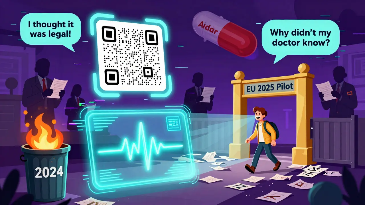 A burning pile of paper letters next to a glowing digital medical certificate in cyberpunk style.