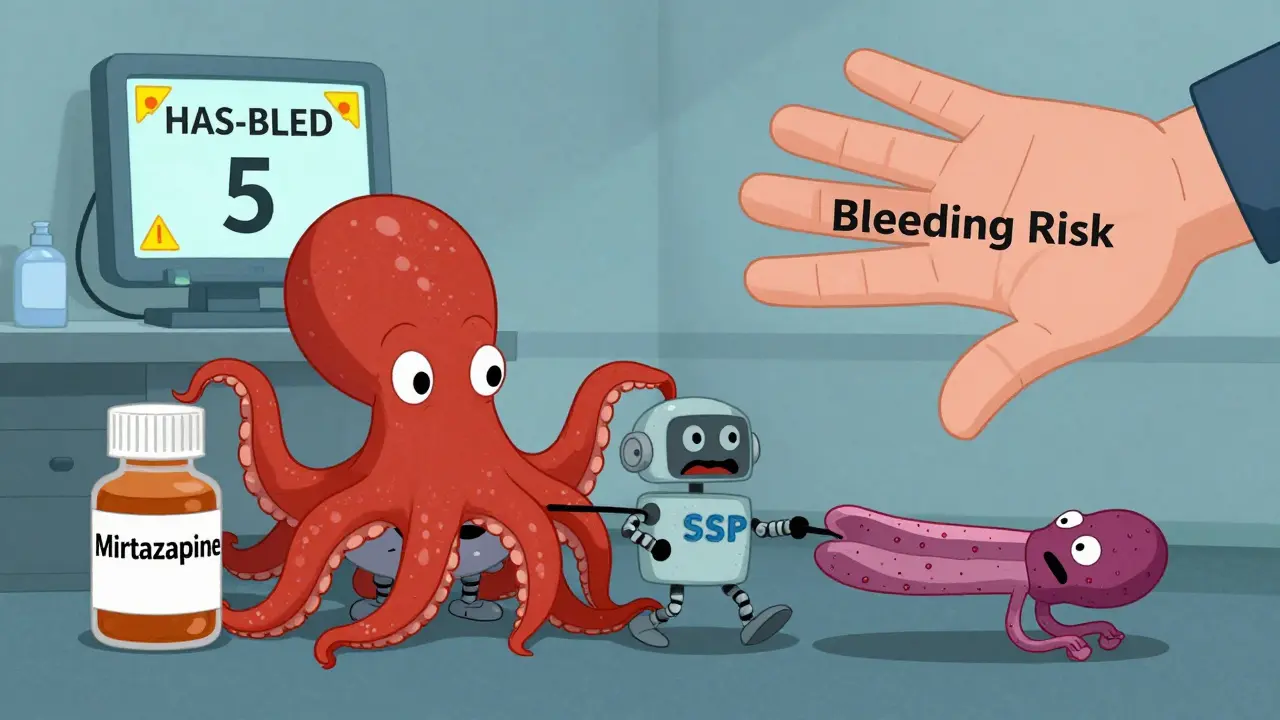 A calm octopus and robot antidepressant beside a stressed SSRI squid being pulled away by bleeding risk.
