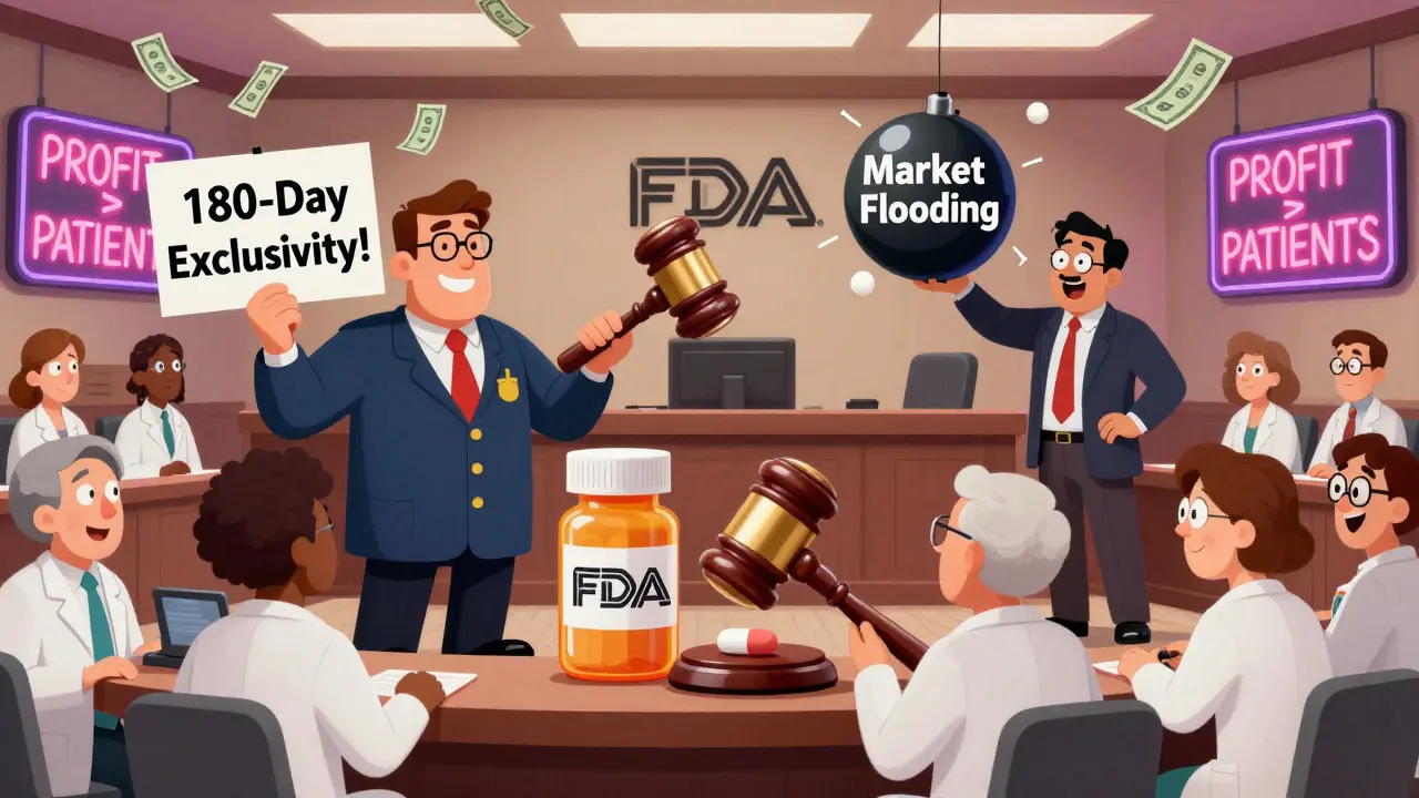 A cartoon courtroom where a brand company drops an authorized generic pill to block competition, with confused pharmacists as jurors.