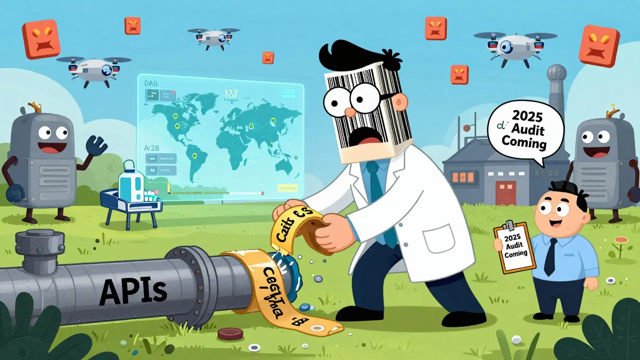 A cartoon superhero in a barcode lab coat fixing a leaking supply chain with duct tape, while drones and AI eyes work nearby.