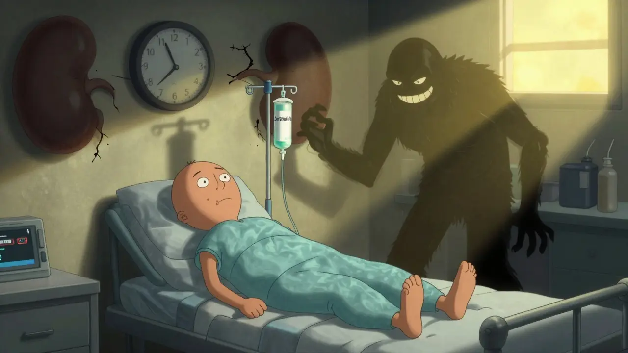 A dehydrated patient and two antibiotics cast dark shadows over a damaged kidney under a 1:30 p.m. sunbeam.