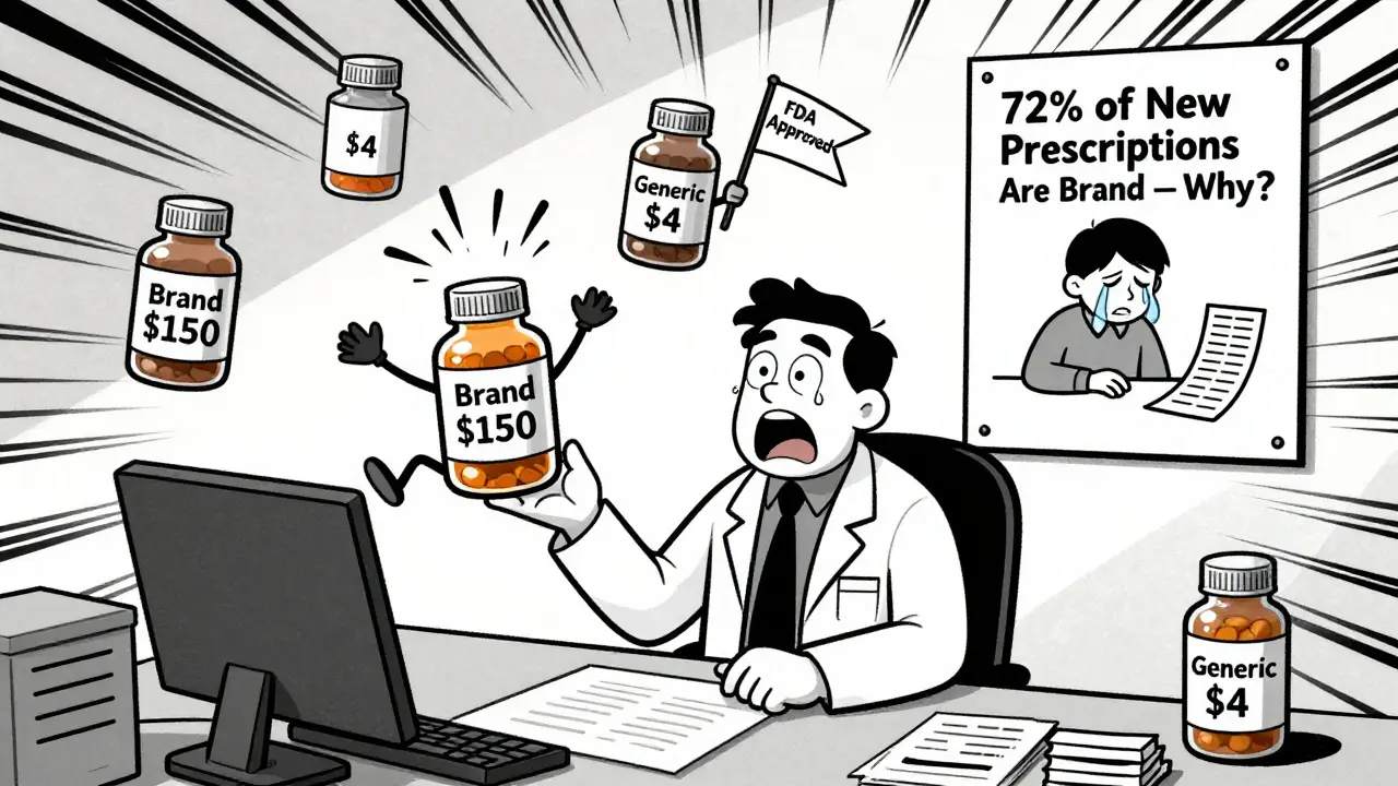 A doctor surrounded by flying pill bottles labeled with prices, one running away, in satirical cartoon style.