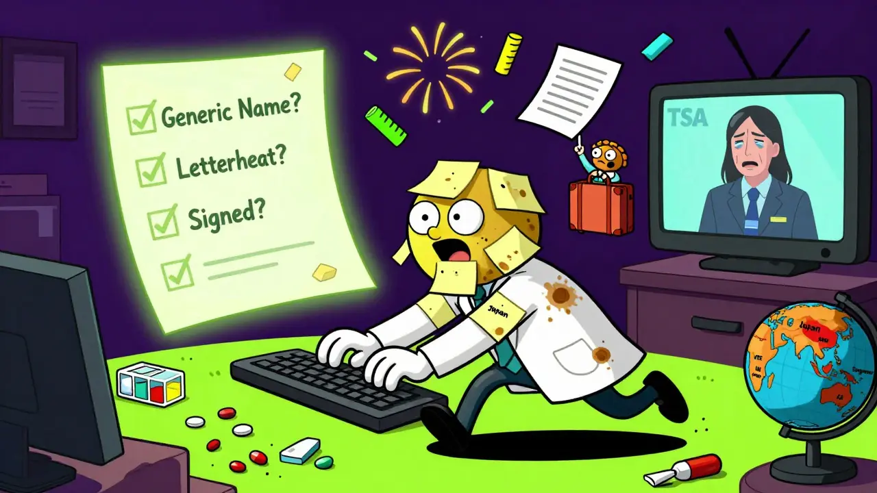 A frantic doctor typing as a checklist glows, surrounded by global drug restriction warnings.