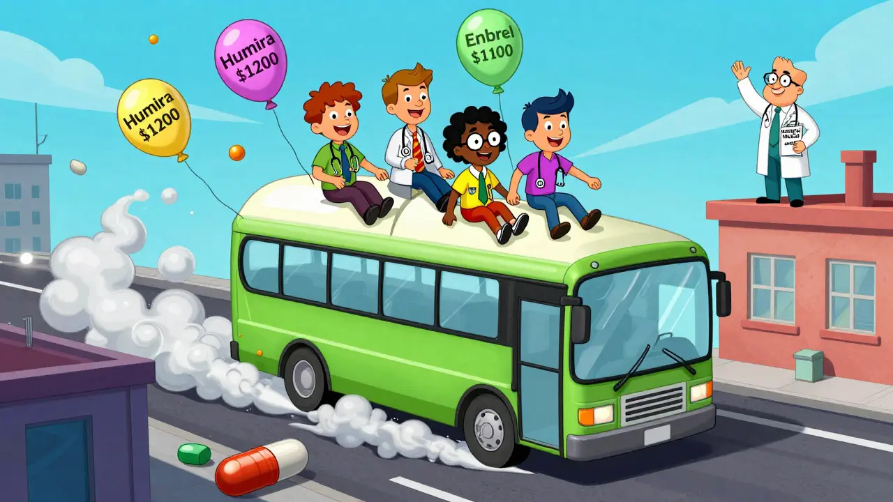 A giant generic pill crushes expensive brand-name drug balloons as happy patients ride on top.