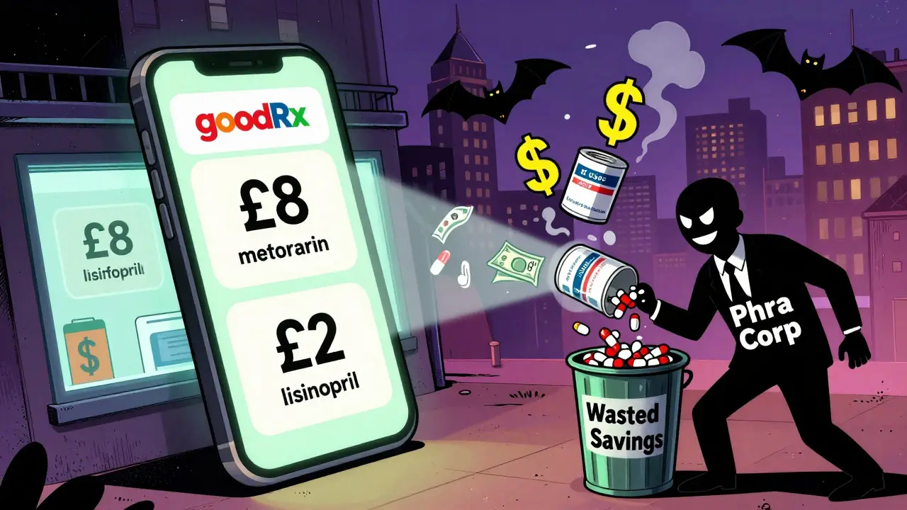 A GoodRx app projecting low cash prices on pharmacies while pharma corporations try to discard expensive brand-name pills.