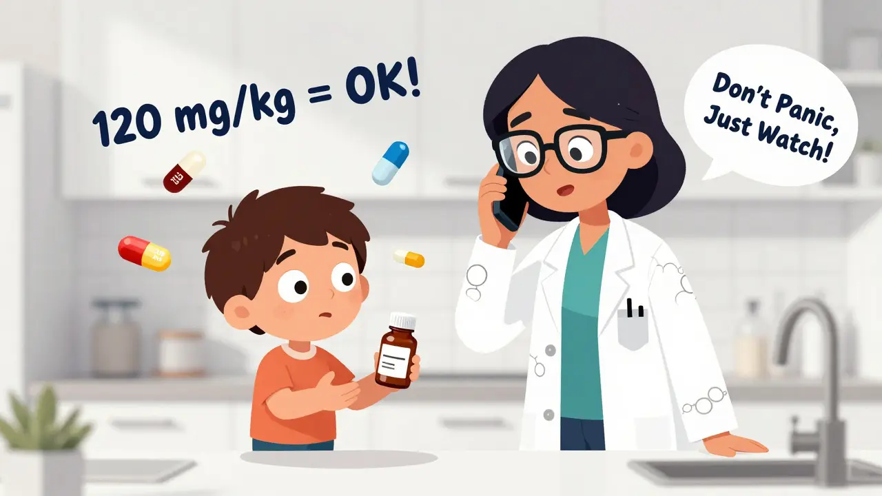 A parent consults a cartoon Poison Control specialist while a child is safe, with floating pill labels in the air.