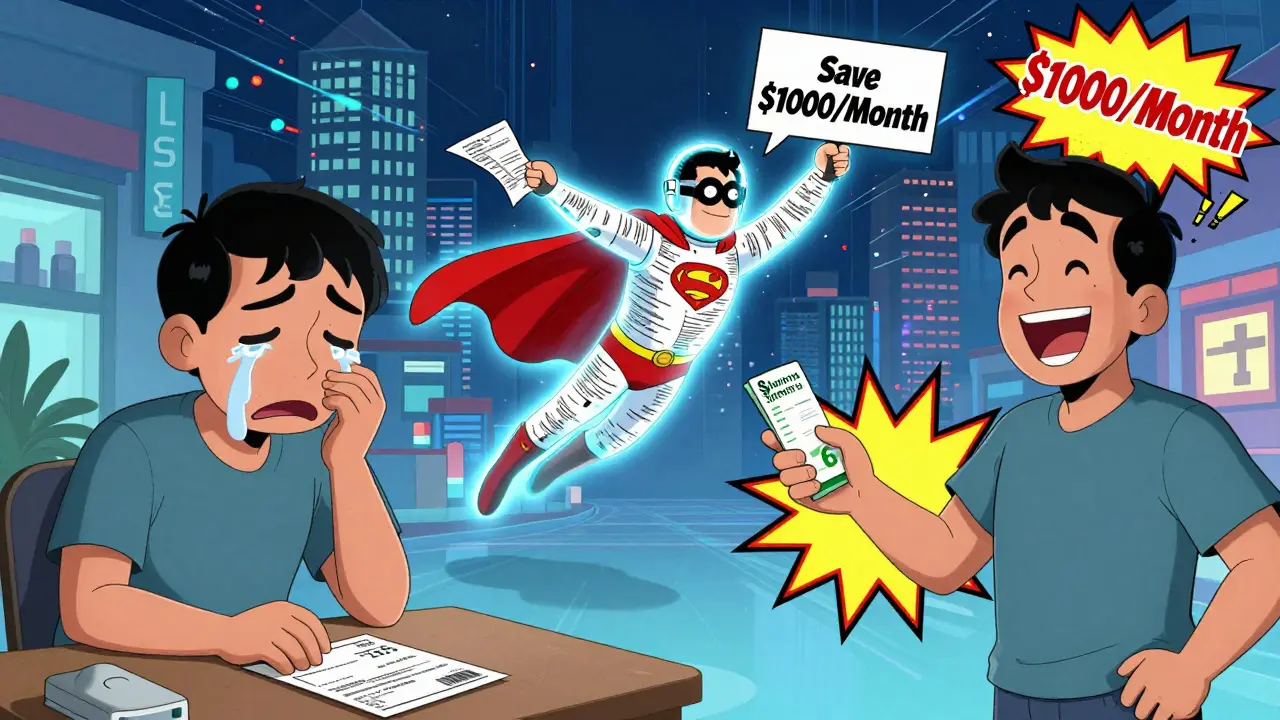 A patient compares a  brand-name copay to a  generic one, with a biosimilar superhero flying between them.