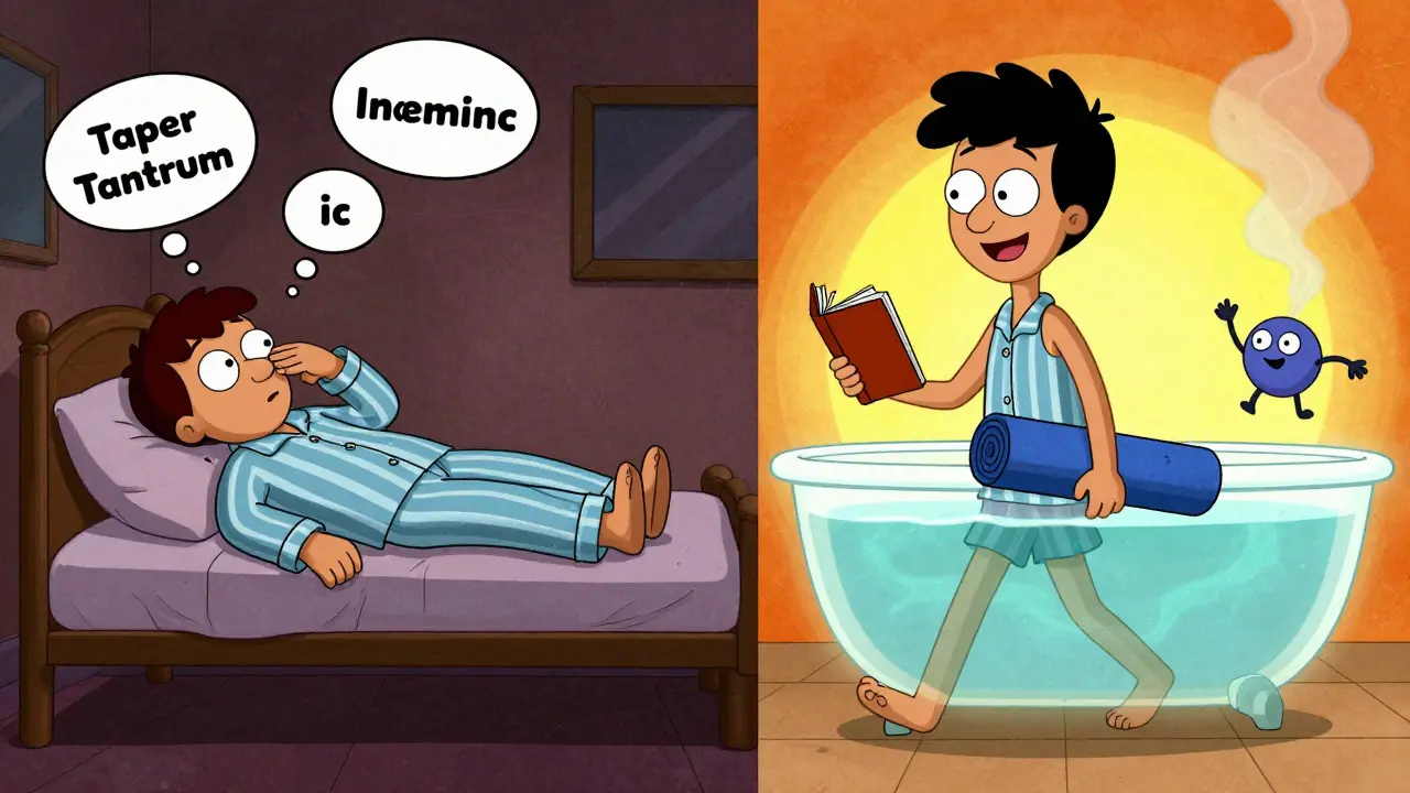 A patient in a taper tantrum on bed vs. same person relaxing in warm bath with cortisol molecule in steam.