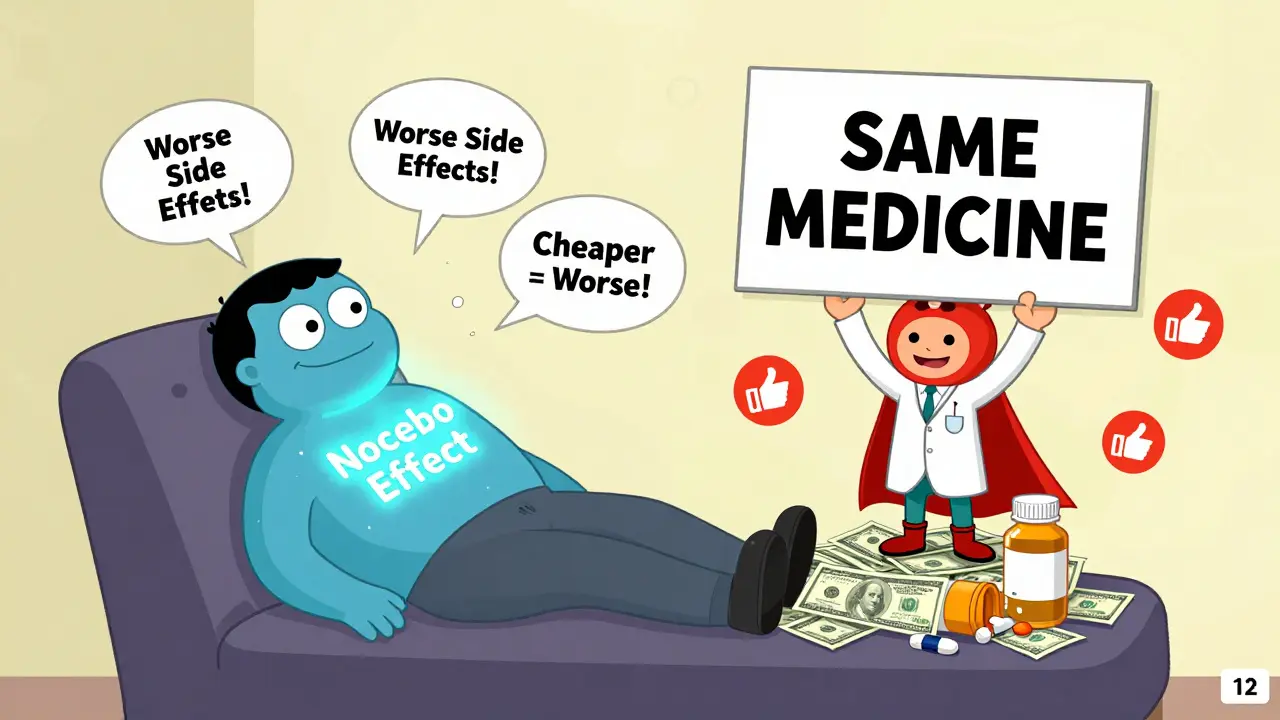 A patient is overwhelmed by a nocebo monster while doctors hold up a 'Same Medicine' sign amid floating dollar bills.