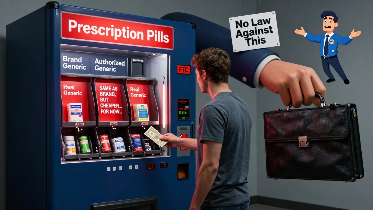 A patient receiving different pills from a vending machine labeled 'Authorized Generic,' while Big Pharma pulls it away.