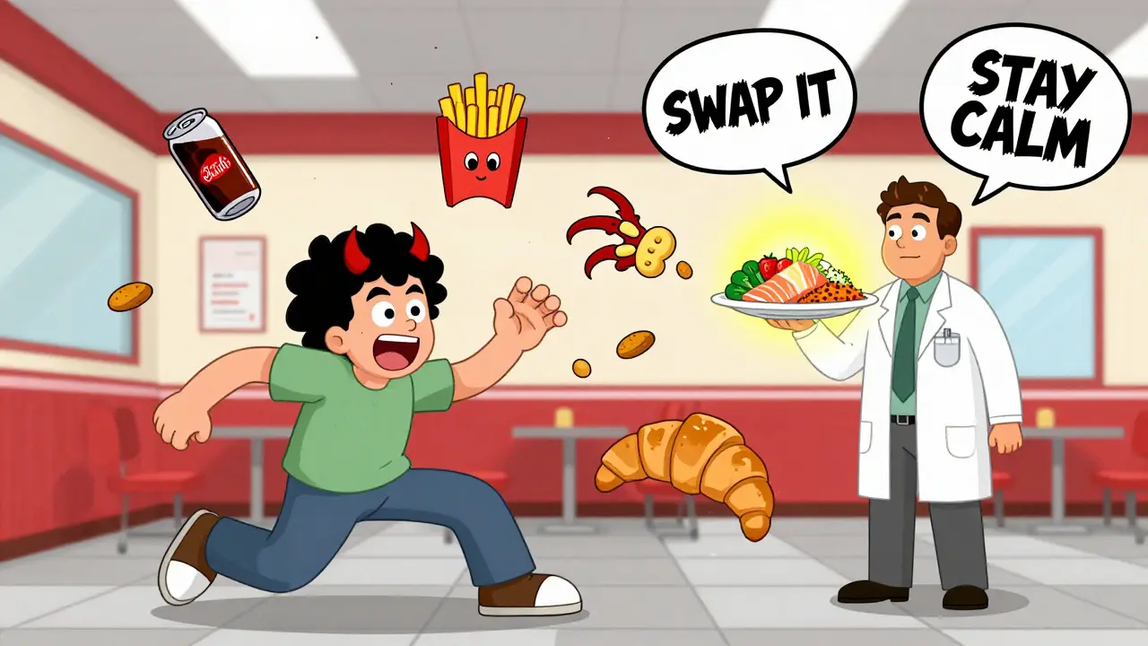 A person avoiding junk food monsters in a fast-food chaos scene with a healthy plate hero.