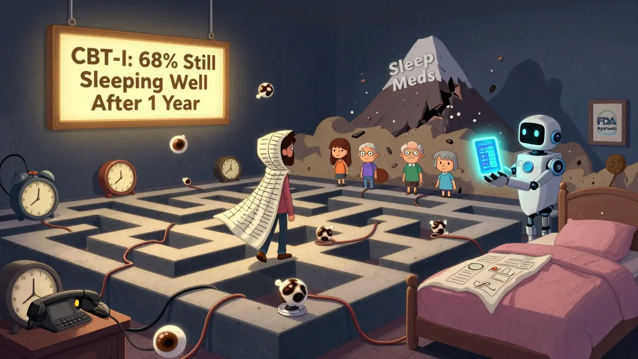 A person navigates a maze of clocks and caffeine in a bedroom landscape, with a sign showing long-term CBT-I success and sleep meds crumbling.