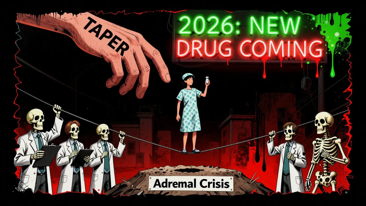 A person on a tightrope over an adrenal crisis pit, being reached for by a giant 'TAPER' hand.