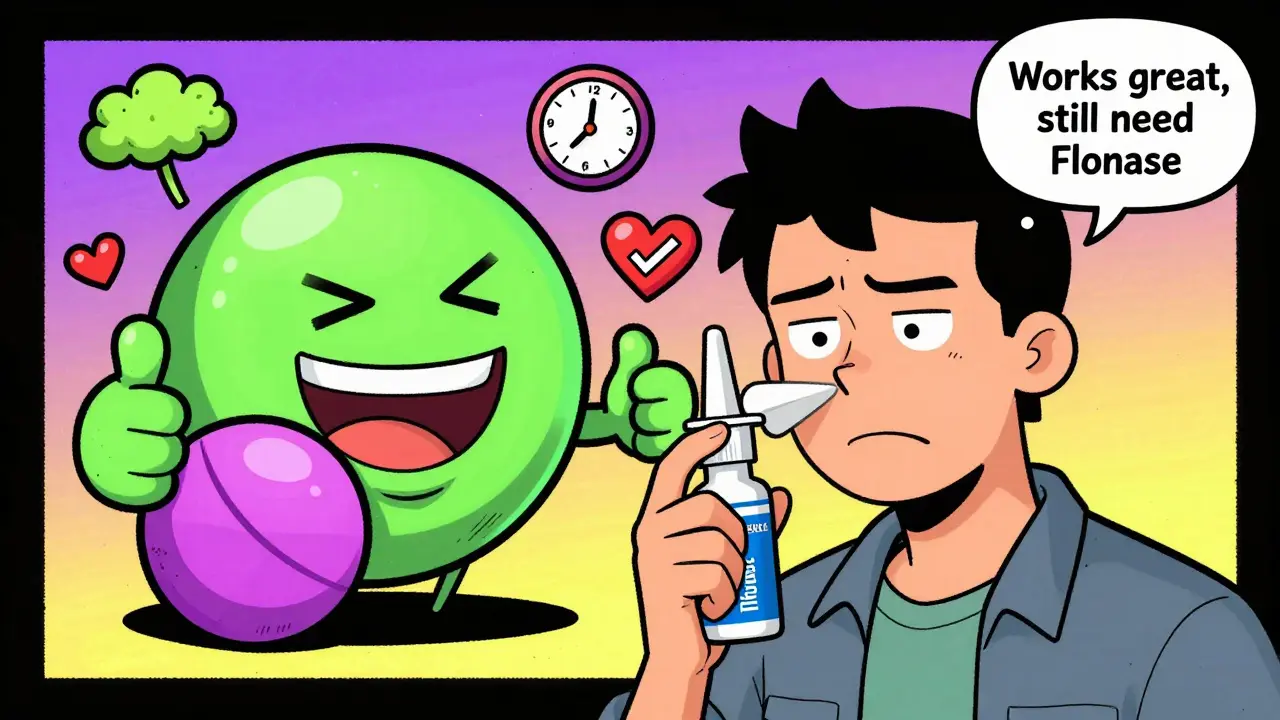 A person uses nasal spray while a smiling antihistamine pill winks, surrounded by allergy icons and a Reddit quote.