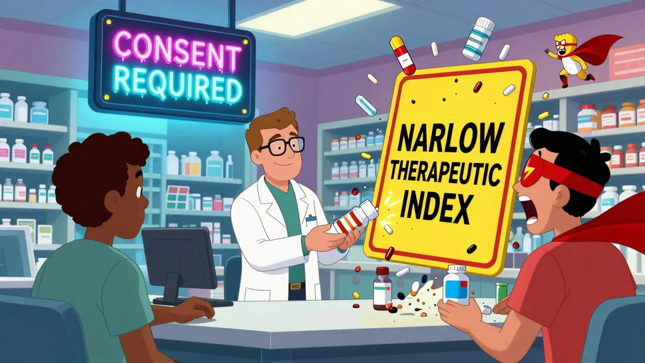 A pharmacist faces two patients as dangerous medication pills with capes fly away, with 'CONSENT REQUIRED' in neon letters above Hawaii.