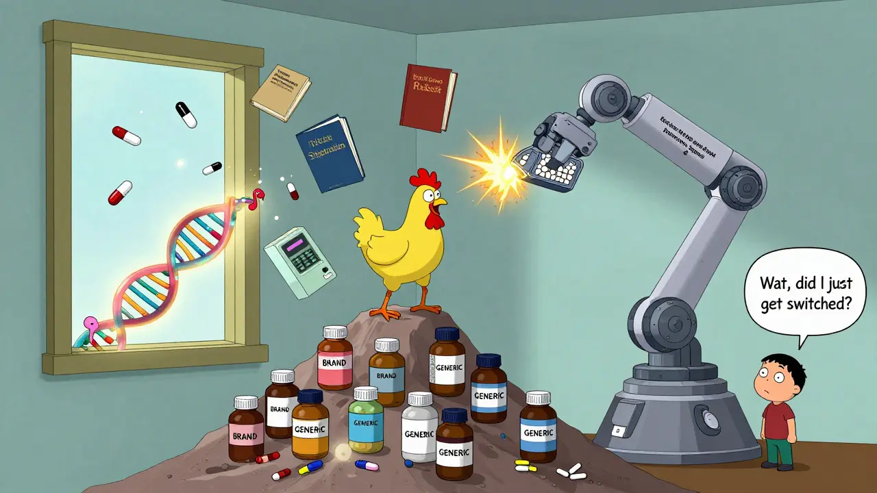 A pharmacist juggles state rulebooks as giant pills escape from a malfunctioning automated system in a chaotic pharmacy scene.