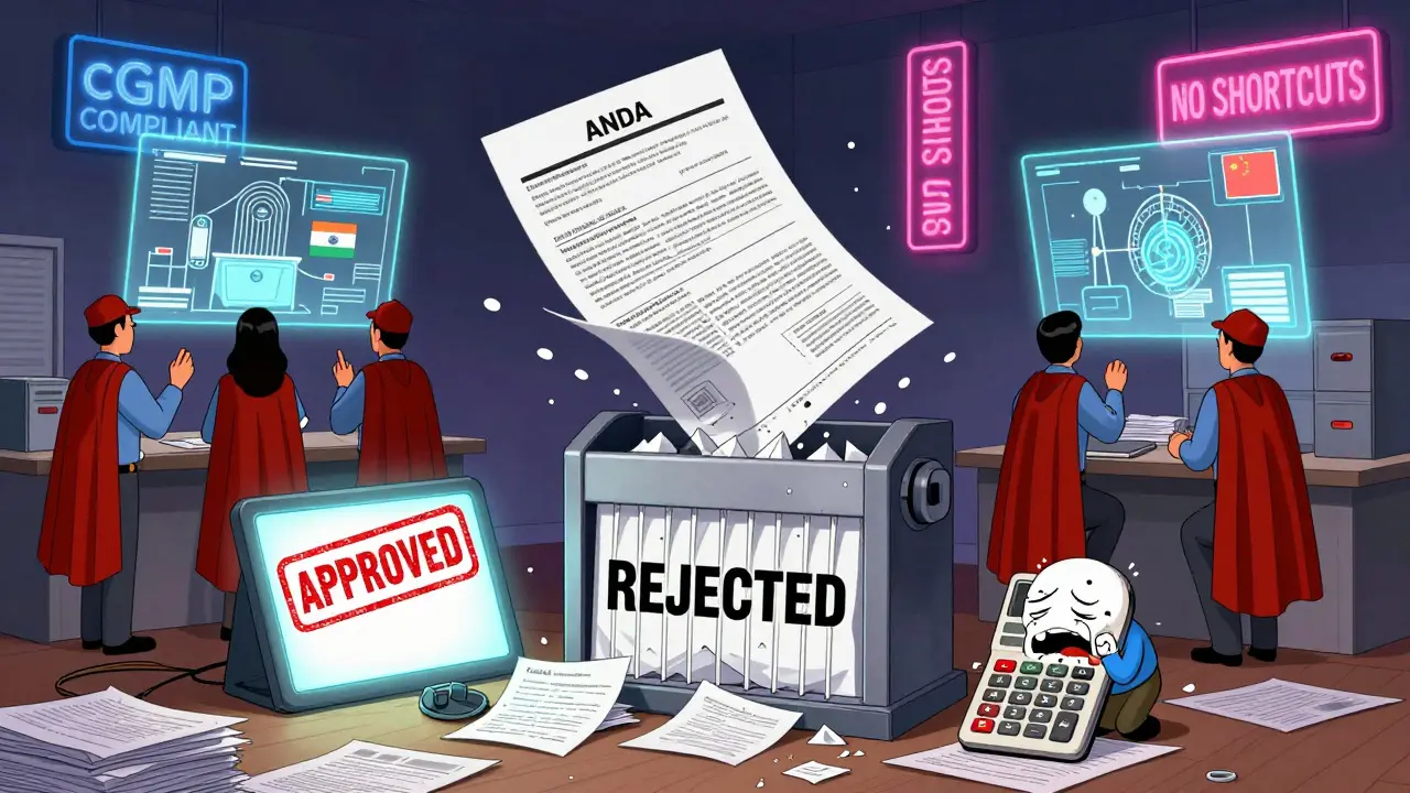 A shredded ANDA application next to a glowing 'APPROVED' stamp, with FDA inspectors monitoring global factories via holograms.