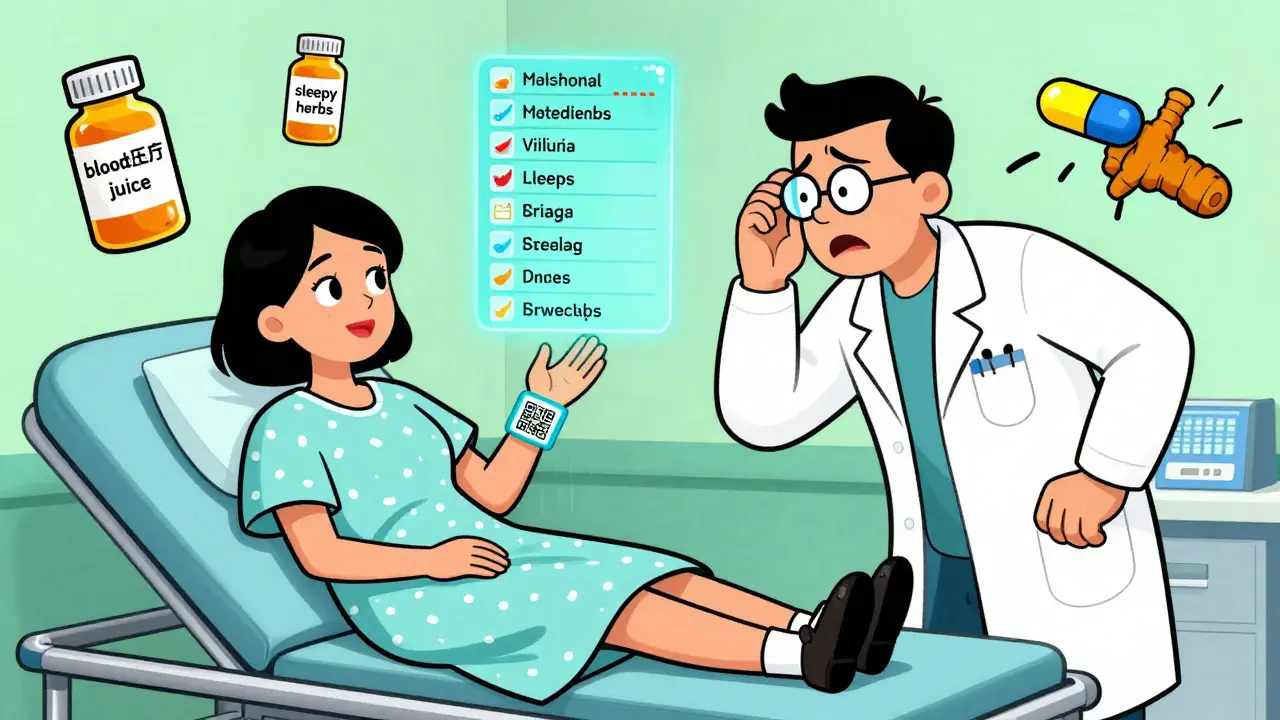 A woman in an ER wears a QR bracelet projecting a holographic multilingual meds list while doctors react to floating, mislabeled supplements.