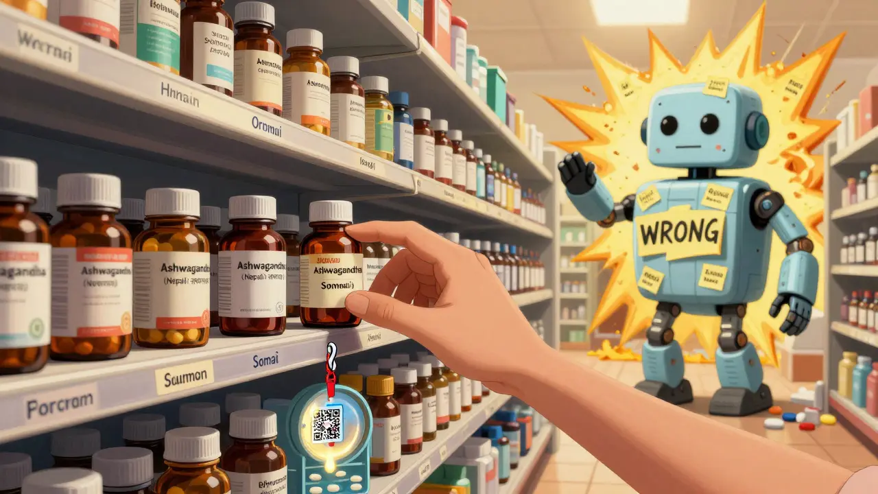 An infinite pharmacy shelf holds meds in many languages as a Google Translate robot explodes, with a glowing QR bracelet hanging nearby.